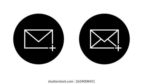 Add envelope message outline icon on black circle. Email, mail with plus sign symbol