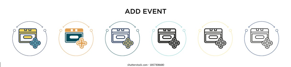Añadir el icono de evento en el estilo relleno, delgado, contorno y trazo. Ilustración vectorial de dos íconos vectores de eventos de color y negro se pueden utilizar para móviles, ui, web