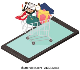 Add fashion items to your shopping cart on the Internet. Vector illustration.