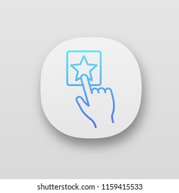 Add to favorite button click app icon. UI/UX user interface. Bookmark. Hand pressing button. Web or mobile application. Vector isolated illustration