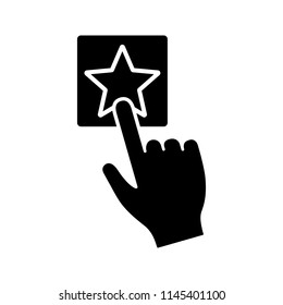 Add to favorite button click glyph icon. Bookmark. Hand pressing button. Silhouette symbol. Negative space. Vector isolated illustration