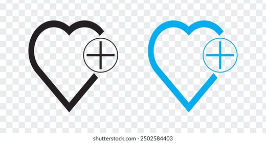 add to favorite heart icon. heart icon with plus. Favorite or love heart icon on PNG background. vector illustration.