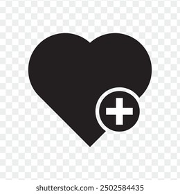 Añadir a Favoritos Icono del corazón. Icono del corazón con más. Icono favorito o corazón de amor en el fondo PNG. Ilustración vectorial.