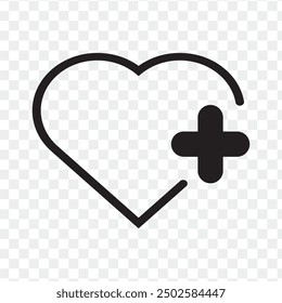 Añadir a Favoritos Icono del corazón. Icono del corazón con más. Icono favorito o corazón de amor en el fondo PNG. Ilustración vectorial.