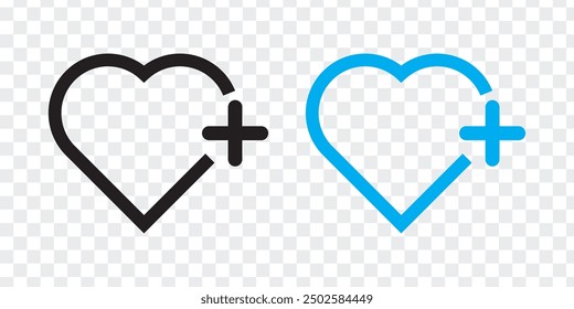 add to favorite heart icon. heart icon with plus. Favorite or love heart icon on PNG background. vector illustration.
