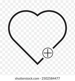 Añadir a Favoritos Icono del corazón. Icono del corazón con más. Icono favorito o corazón de amor en el fondo PNG. Ilustración vectorial.
