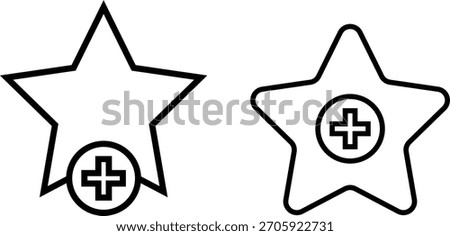 Add to favorite icon with star. Star and plus symbol. Priority content and bookmark signs. Mark as Favorite Icon 
