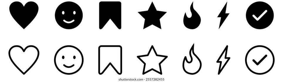 Add to favorite icons set. Like and love, Thumbs up and heart flat icon. Check mark box, Rating star icon. Flash lightning bolt icon. Bookmark save,  Vector elements. Editable stroke.