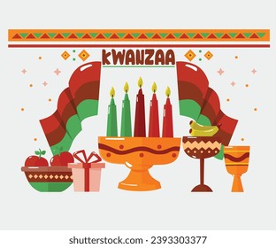 Añade un toque festivo a tus celebraciones de Kwanzaa con una ilustración plana de fondo de Kwanzaa. Este diseño vibrante e inspirado en la cultura realzará su material digital o impreso con su símbolo