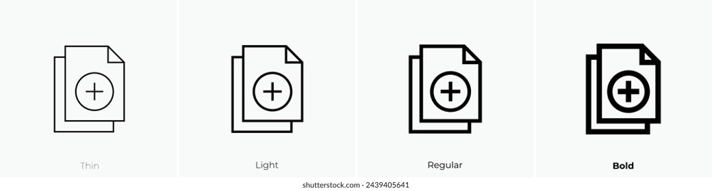 icono de añadir archivo. Diseño de estilo fino, ligero, regular y audaz aislado sobre fondo blanco
