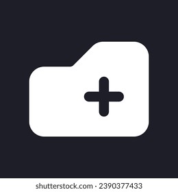 Add to folder dark mode glyph ui icon. Upload digital data. User interface design. White silhouette symbol on black space. Solid pictogram for web, mobile. Vector isolated illustration