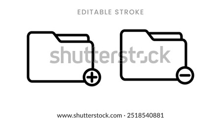 Add folder and delete folder icon vector. Folder create new, add icon and folder delete, remove, cancel icon concept outline editable stroke icon