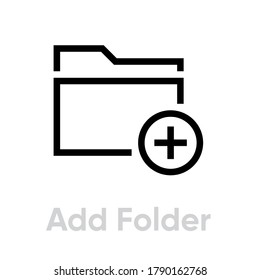 Add folder flat badge. Editable vector outline. Single pictogram. Add new folder symbol. Black contour icon folder with plus in circle isolated on white background.
