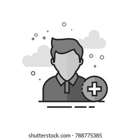 Add friend icon in flat outlined grayscale style. Vector illustration.