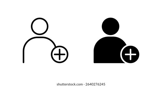 Add Friend Icon Set. A black icon of an add friend symbol, representing social connection.