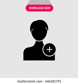 Add Friend Vector Icon, The shape of person with plus near symbol. Simple, modern flat vector illustration for mobile app, website or desktop app  