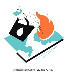 Add fuel to the fire - colorful flat design style illustration with linear elements. Orange and light blue colored picture with flame and a hand with a canister of gasoline. Adding problems idea