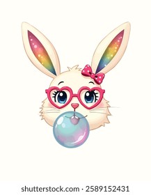 Add a fun and trendy touch to your wardrobe with this Cute Bunny Rabbit with Bandana, Glasses, and Bubblegum T-shirt design! Featuring an adorable bunny wearing stylish leopard-print glasses