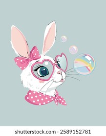 Add a fun and trendy touch to your wardrobe with this Cute Bunny Rabbit with Bandana, Glasses, and Bubblegum T-shirt design! Featuring an adorable bunny wearing stylish leopard-print glasses