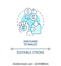 Add funds to wallet turquoise concept icon. Buy cryptocurrency. NFTs minting process abstract idea thin line illustration. Isolated outline drawing. Editable stroke. Arial, Myriad Pro-Bold fonts used