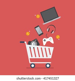 Add gadgets to cart. Shopping concept
