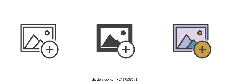 Add to Gallery different style icon set. Line, glyph and filled outline colorful version, outline and filled vector sign. Image with plus Symbol, logo illustration. Vector graphics