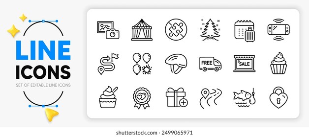 Add gift, Balloon dart and Photo camera line icons set for app include Christmas tree, Circus tent, Bicycle helmet outline thin icon. Journey, Cupcake, Love lock pictogram icon. Road. Vector