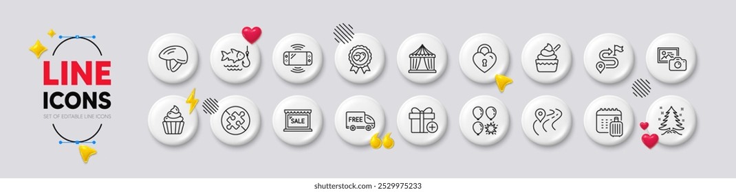 Add gift, Balloon dart and Photo camera line icons. White buttons 3d icons. Pack of Christmas tree, Circus tent, Bicycle helmet icon. Journey, Cupcake, Love lock pictogram. Vector