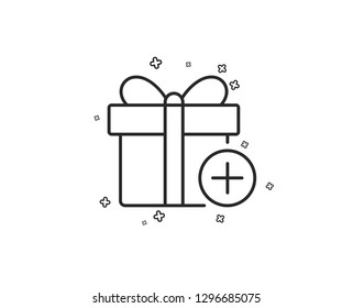 Add Gift box line icon. Present or Sale sign. Birthday Shopping symbol. Package in Gift Wrap. Geometric shapes. Random cross elements. Linear Add gift icon design. Vector