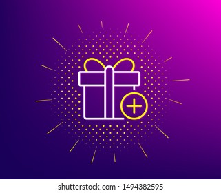 Add Gift box line icon. Halftone pattern. Present or Sale sign. Birthday Shopping symbol. Package in Gift Wrap. Gradient background. Add gift line icon. Yellow halftone pattern. Vector