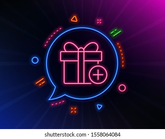 Add Gift box line icon. Neon laser lights. Present or Sale sign. Birthday Shopping symbol. Package in Gift Wrap. Glow laser speech bubble. Neon lights chat bubble. Vector