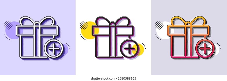 Add Gift box line icon. Halftone dotted pattern. Gradient icon with grain shadow. Present or Sale sign. Birthday Shopping symbol. Package in Gift Wrap. Line add gift icon. Various designs. Vector
