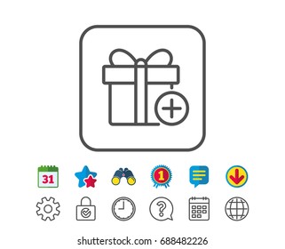 Add Gift box line icon. Present or Sale sign. Birthday Shopping symbol. Package in Gift Wrap. Calendar, Globe and Chat line signs. Binoculars, Award and Download icons. Editable stroke. Vector