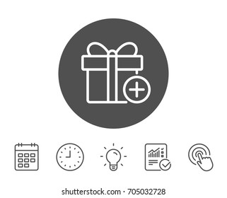 Add Gift box line icon. Present or Sale sign. Birthday Shopping symbol. Package in Gift Wrap. Report, Clock and Calendar line signs. Light bulb and Click icons. Editable stroke. Vector