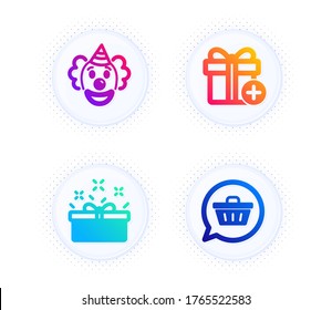 Add gift, Clown and Present box icons simple set. Button with halftone dots. Shopping cart sign. Present box, Funny performance, Sale offer. Dreaming of gift. Holidays set. Vector