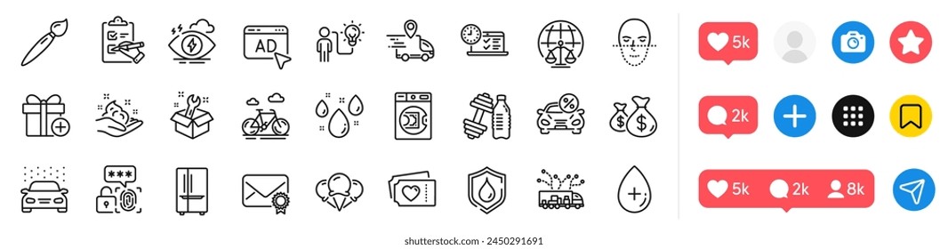 Add gift, Ice creams and Checklist line icons pack. Social media icons. Delivery truck, Ad, Truck delivery web icon. Brush, Car leasing, Business idea pictogram. Vector