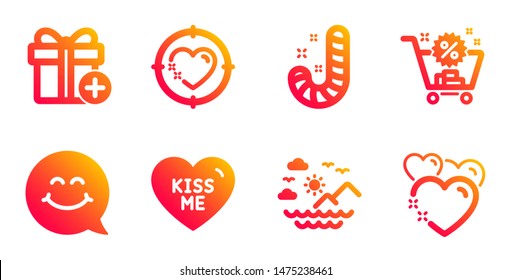 Add gift, Shopping cart and Candy line icons set. Kiss me, Smile face and Heart target signs. Sea mountains, Heart symbols. Present box, Discount. Holidays set. Gradient add gift icons set. Vector