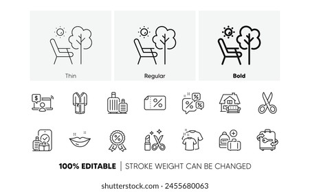 Add handbag, Baggage and Discount medal line icons. Pack of Cut, Online shopping, Discount banner icon. Clean t-shirt, Lips, Beauty pictogram. Furniture moving, Carry-on baggage, Bathrobe. Vector