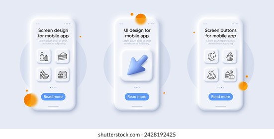 Add handbag, Shoes and Cupcake line icons pack. 3d phone mockups with cursor. Glass smartphone screen. Baggage, Hot sale, Christmas calendar web icon. Cake, Moon pictogram. Vector