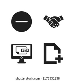 add icon. 4 add vector icons set. add file, pdf file on screen and two businessmen hands salutation icons for web and design about add theme