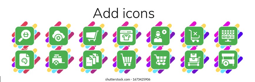 agregar conjunto de iconos. 14 iconos de adición rellenos. Compra en línea, archivo, almacenamiento en nube, carro, carro de compra, agregar usuario, iconos de trolebús incluidos