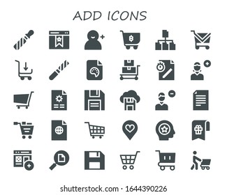 agregar conjunto de iconos. 30 iconos de adición rellenos.  Iconos modernos sencillos, como: Archivo, Marcador, Agregar usuario, carro de compra, Trole, Diskette, Quitar usuario, Favorito, Comprar