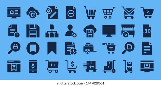 add icon set. 32 filled add icons. on blue background style Simple modern icons about  - Online shop, File, Bookmark, Cloud storage, Diskette, Shopping cart, Add, Cart, Trolley