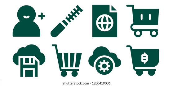  add icon set. 8 filled add icons. Simple modern icons about  - Diskette, Add user, Shopping cart, File, Cloud storage