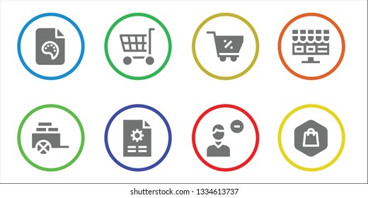 add icon set. 8 filled add icons.  Collection Of - File, Cart, Shopping cart, Remove user, Online shop, Shopping