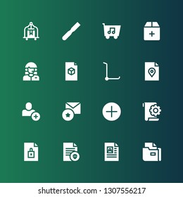 add icon set. Collection of 16 filled add icons included File, Add, Favorite, user, Trolley, Customer, Shopping cart, Cart