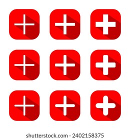 Fügen Sie eine Sammlung mit Symbolsatz auf rotem Quadrat hinzu. Plus-Button-Vektorgrafik mit langem Schatten
