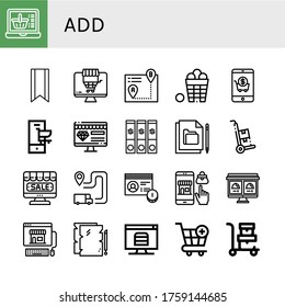 add icon set. Collection of Online shopping, Bookmark, Itinerary, Basket, Shopping cart, Online shop, File, Trolley, Account, Online order, Cart icons