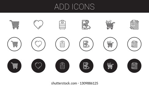 add icons set. Collection of add with carts, favorite, trolley, online shopping, shopping cart, files. Editable and scalable add icons.