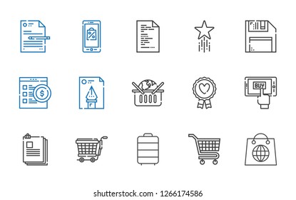 add icons set. Collection of add with shopping, carts, trolley, files, mobile shopping, favourite, online shopping, file, online shop, diskette. Editable and scalable add icons.